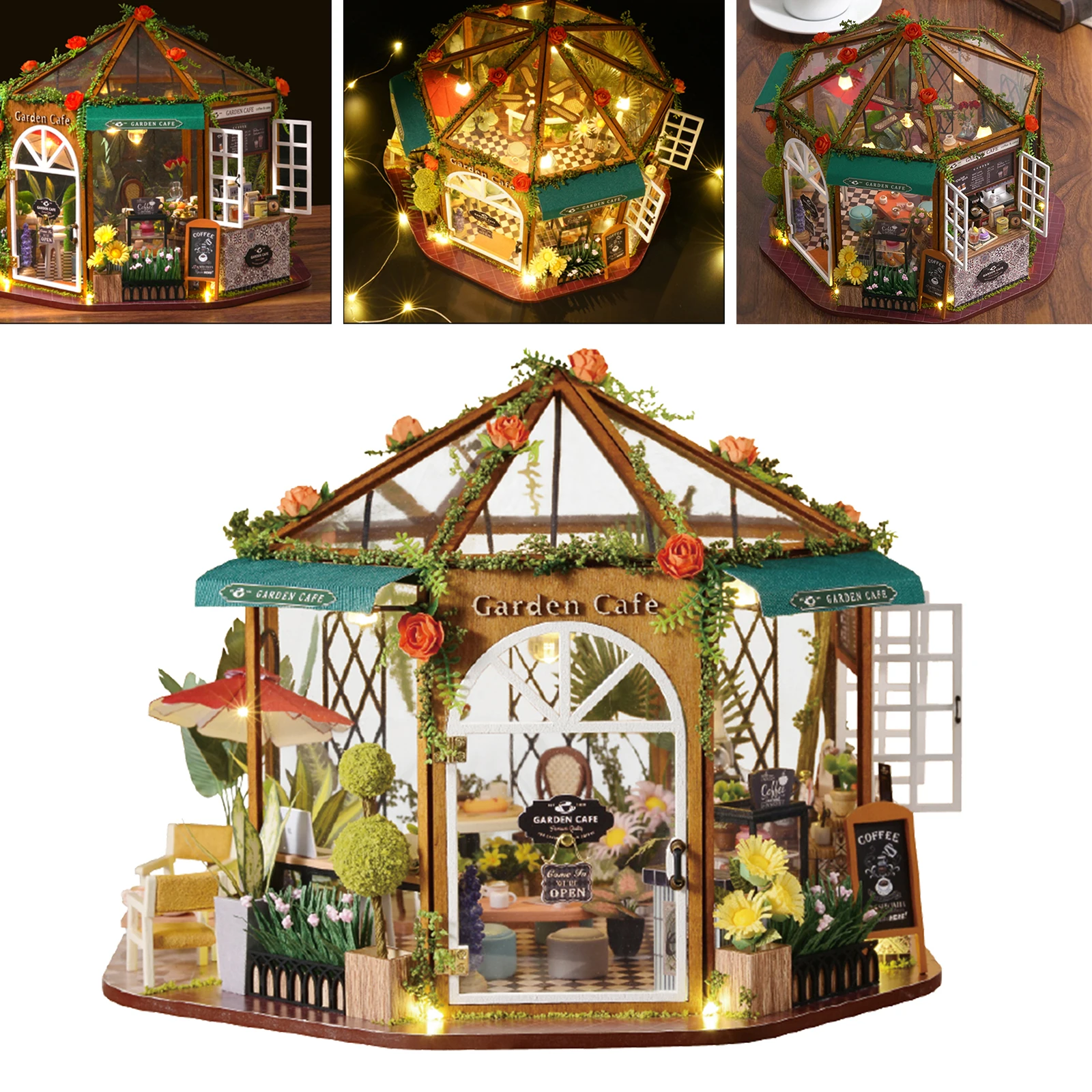 1:24 Scale DIY Miniature Dollhouse Wooden Handmade Coffee Shop Model Decor Kit with Furniture & Accessories Kids Creative Room