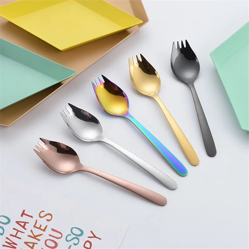 Stainless Steel Long Handle Fruit Fork Spoon Tableware Lunch  Accessories for Kids Multi-Function Desserts Salad Scoop