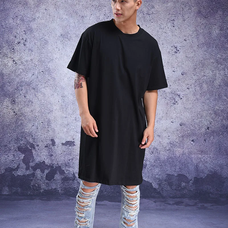 Summer wear personality extra long half-sleeve t-shirt bottom shirt short-sleeve extra loose t-shirt over the knee long tide men