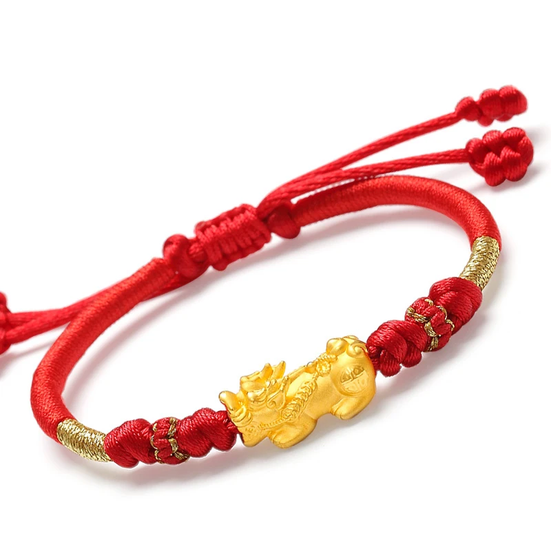 Pure Real 24k Yellow Gold Women Cute Luck Pixiu Red Knitted Bracelet 6.7