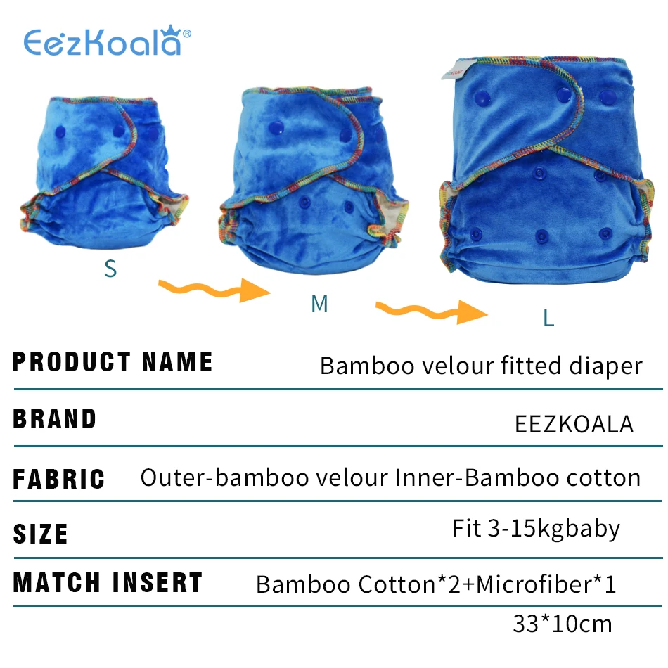 EezKoala Bamboo Velour Fitted  Cloth Diaper Eco-Friendly Reusable Heavy Wetter AI2 Baby AIO Diaper Washable Baby Nappy For Girls