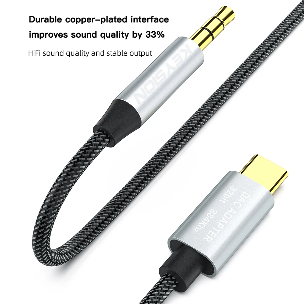 KEYSION HIFI DAC Earphone Amplifier USB Type C to AUX Speaker Cable Adapter 32bit 384kHz HD Digital Decoder Car Audio Input Cord