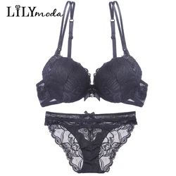 Women Sexy Bra Floral Lace Embroidery Rhinestone Brief Set Female Lingerie Brassiere Push Up Bra Underwear Panty Seamless Sets