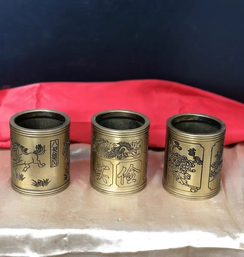 

Seiko латунный узор дракона, цветочный узор, держатель для ручек с восьми лошадьми, украшение для офиса, рабочего стола, статуя