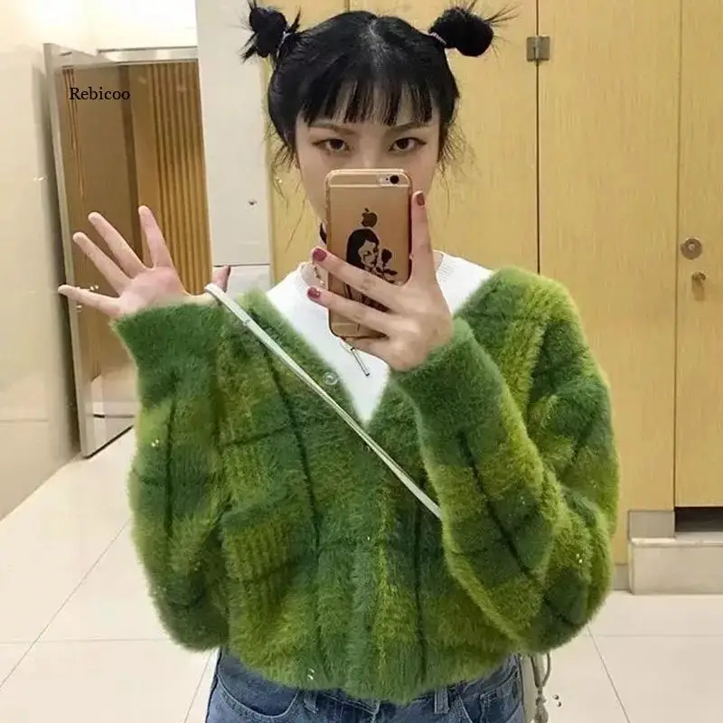 Harajuku Fuzzy Green Plaid Cardigan With Front Button Women Cropped Cardigan Sweater Casual long knitted cardigan female