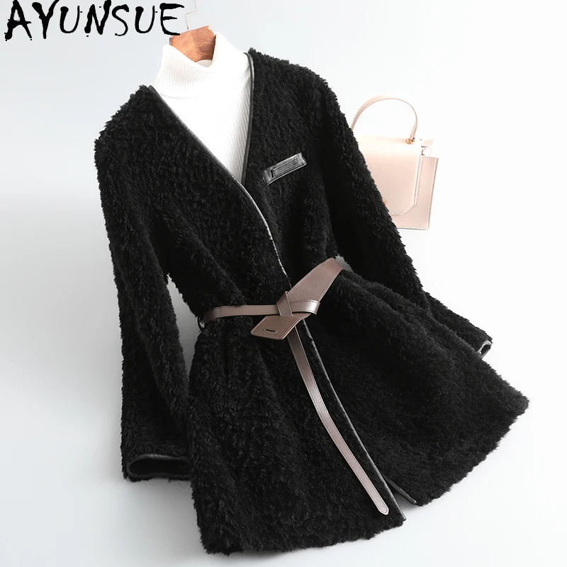 AYUNSUE 100% Sheep Shearing Jacket Women's Clothes Winter 2021 Real Fur Coats Belted Korean Style Outwear Chaqueta Mujer Sqq1150