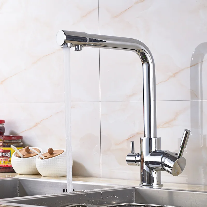 

Chrome-plated Kitchen Filter Drinking Pure Water Faucet Countertop Installation Dual-handle Three-way Hot and Cold Water Faucet
