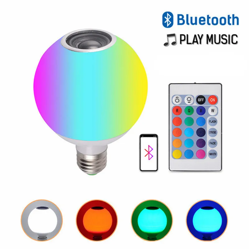 Mobile phone APP bluetooth play music audio LED colorful light E27 remote control discolor indoor lighting bulb wireless speaker