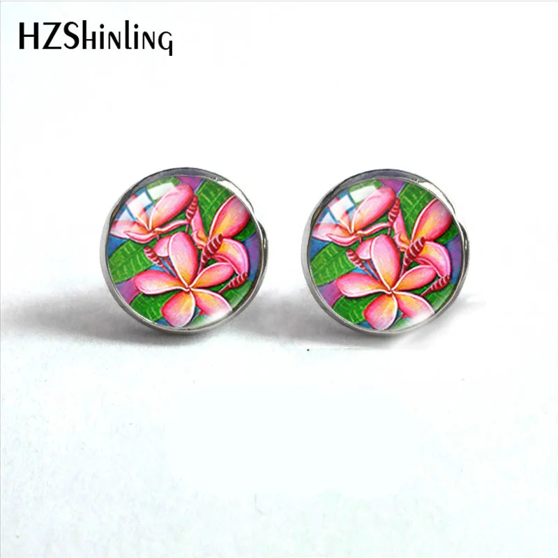 Hawaiian Plumeria Flower Paintings Stainless Steel Stud Earrings Glass Cabochon Ear Fashion Jewelry