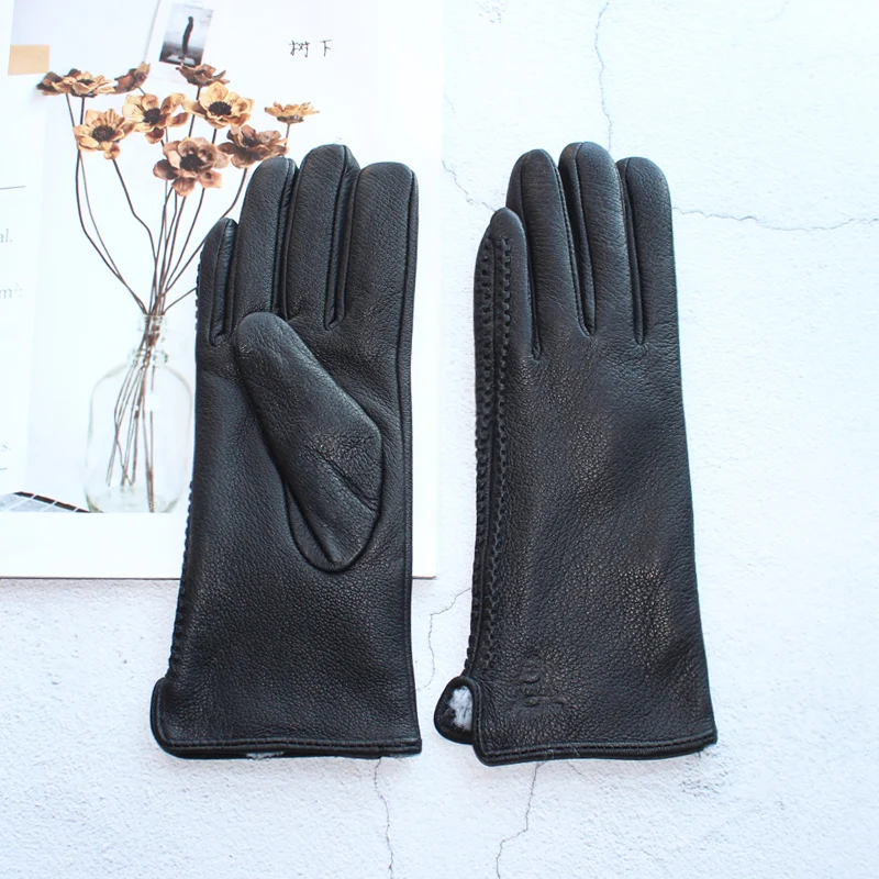 New 100% Genuine Leather Women's Gloves Velvet Lining Thin Section Driving Black Deer Skin Gloves Keep Warm In Winter