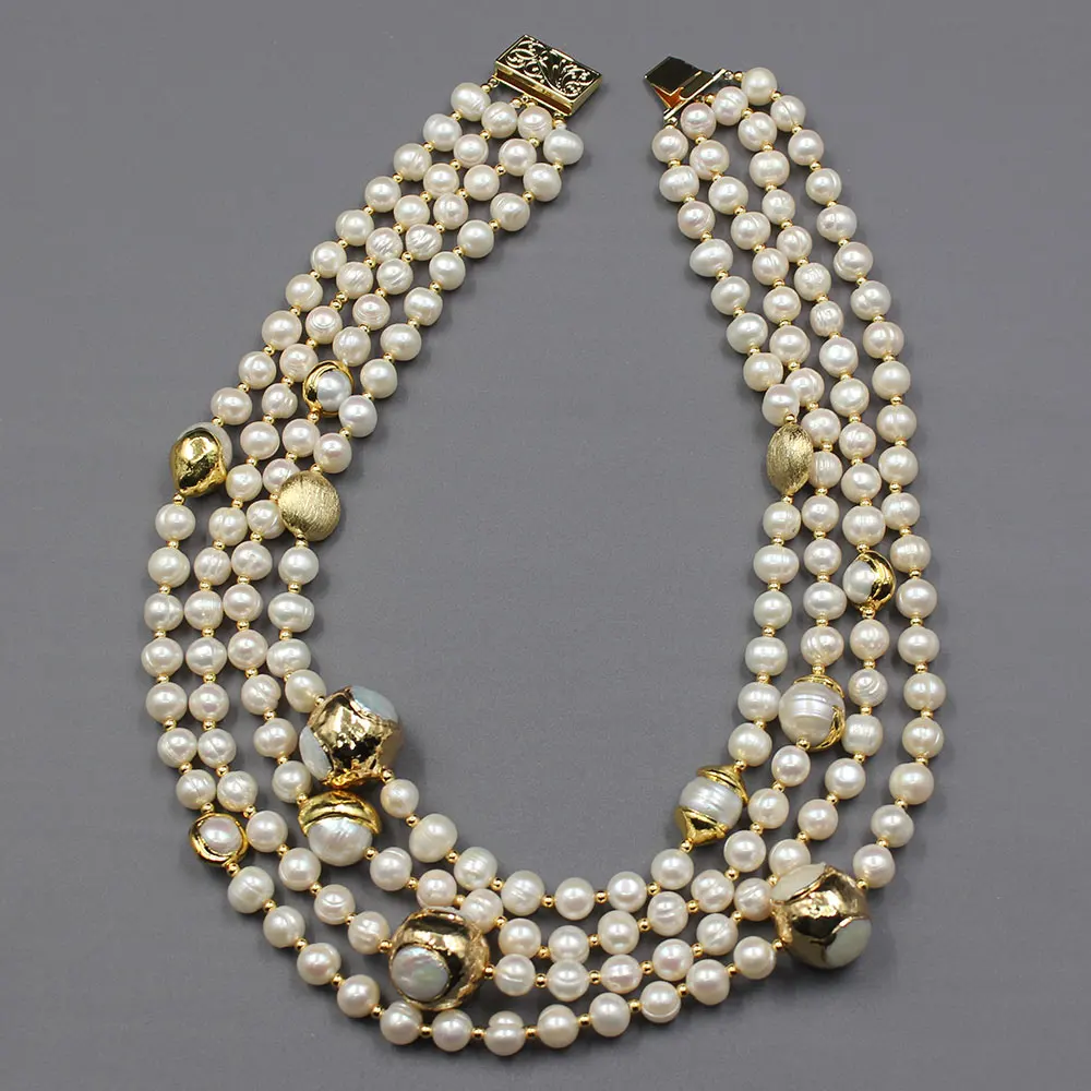 GG 4 Strands Natural Freshwater Cultured White Pearl Gold Color Plated Keshi Pearl Necklace 18\