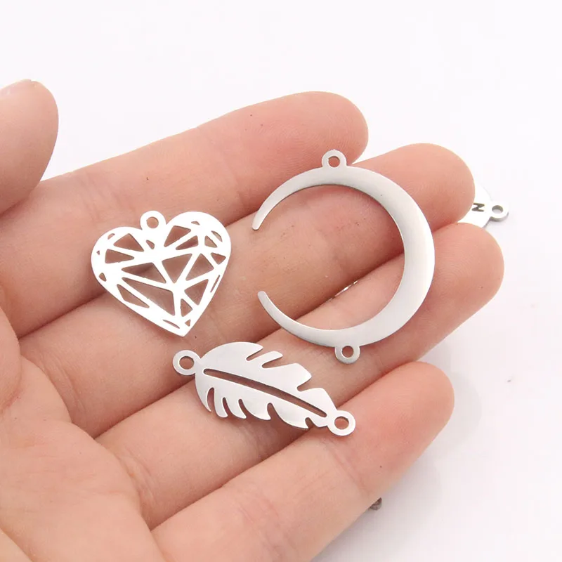 5Pcs 2 Color Mix Leaf Heart Feet Charm Stainless Steel Moon Bicycle Connector Open Bezel Pressed Frame Mold DIY Jewelry Making