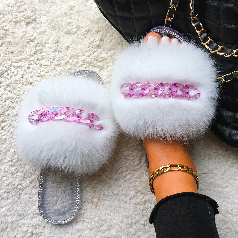 Fluffy Slippers Fur Slides Candy Color Transparent Chain Flip Flops Crystal Flat Slippers Women Sandals Summer 2021 Female Shoes