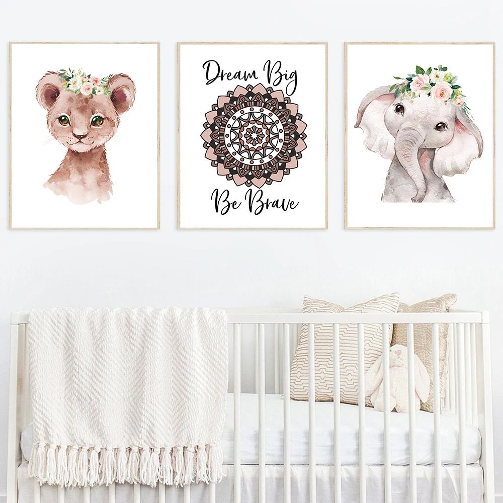 Lion Elephant Print Floral Boho Nursery Wall Art Dream Big Be Brave Canvas Painting Posters Cute Animal Kids Girls Bedroom Decor