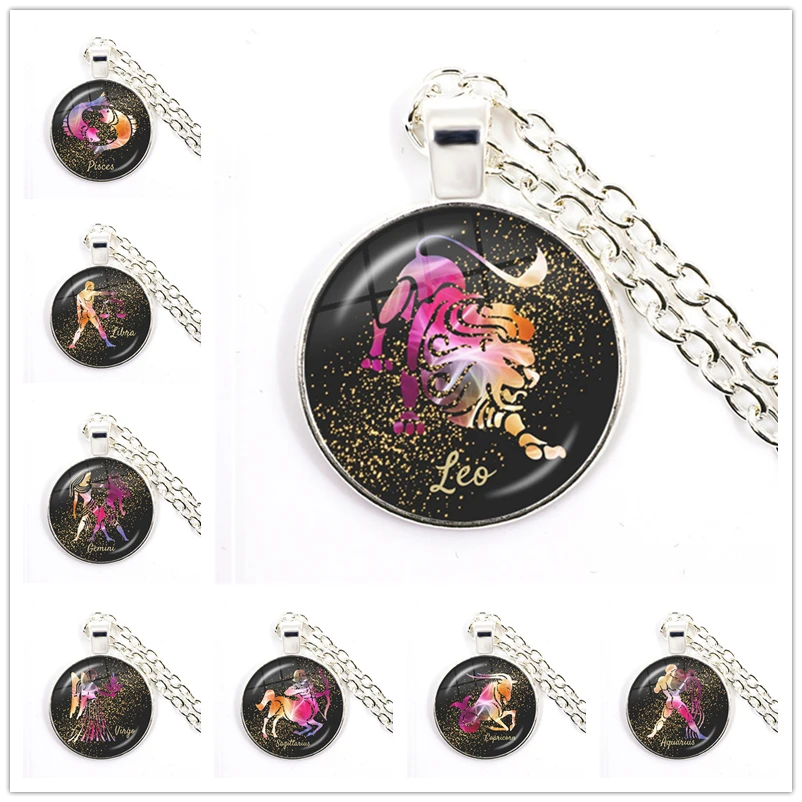 12 Constellation Glass Dome Cabochon Pendant Necklace Hadmade Jewelry Chain Necklace Women girl Family gifts