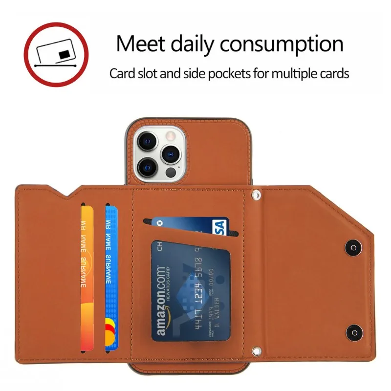 Wallet Case for iPhone 16 15 14 13 12 11 Pro Max Mini X XS Strap Card Slots Shockproof PU Leather Stand Crossbody Necklace Cover - Image 3
