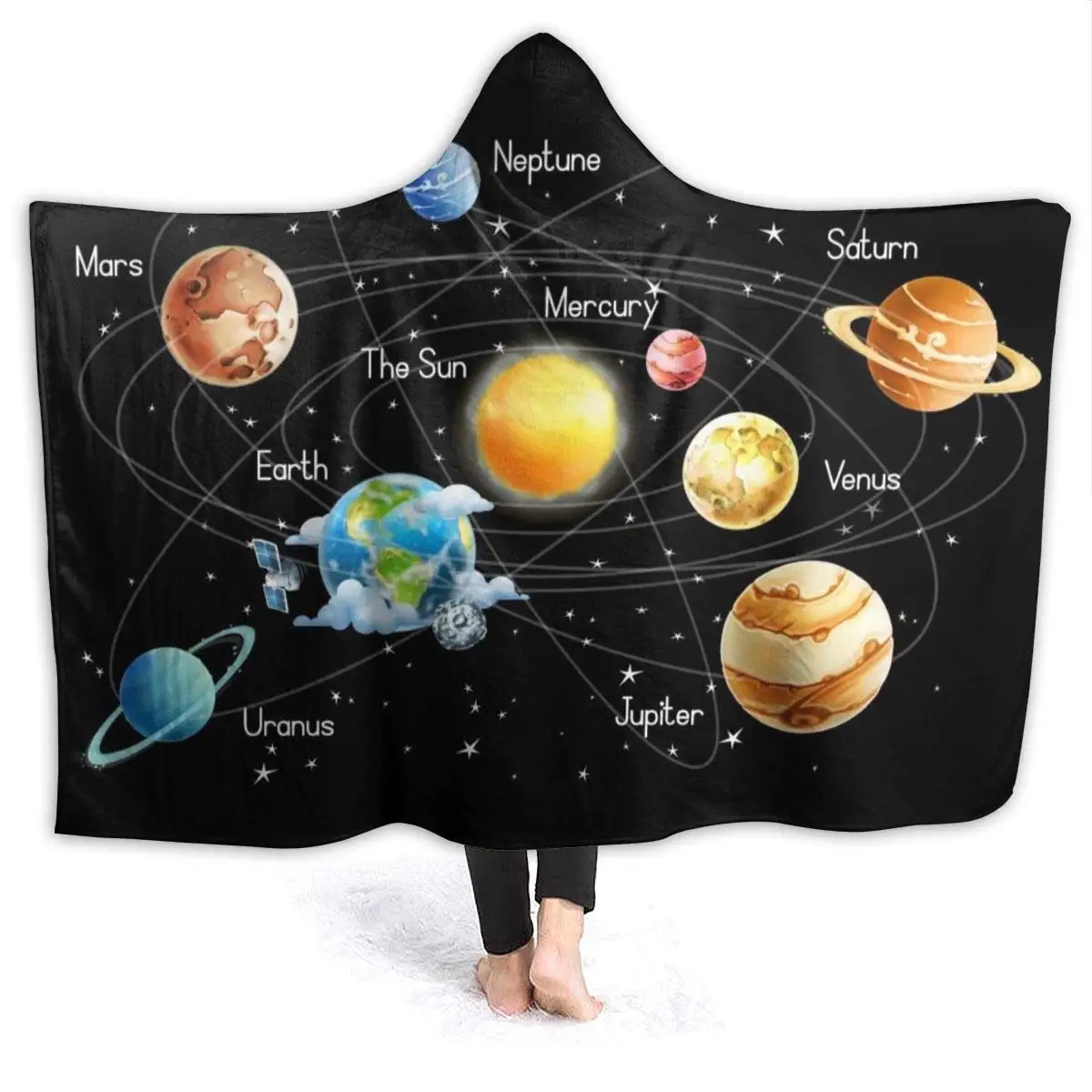 Solars System Planets Stars and Milky Way Galaxy Space Hooded Blanket Printed Wearable Blanket Ultra Soft Cozy Thick Throw