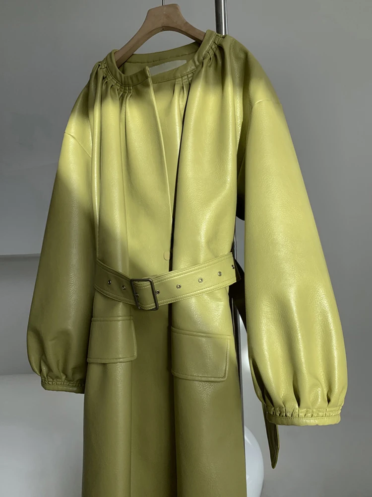 Nerazzurri Spring Long Colored Soft Faux Leather Coats Women Lantern Sleeve Belt Loose Luxury Casual Korean Fashion Clothing