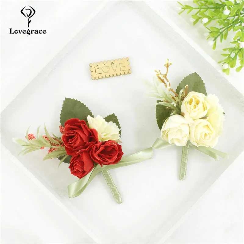 Wedding Boutonniere Zijde Rozen Corsage Pols Bruidsmeisje Armband Bloemen Bruidegom Knoopsgat Pak Accessoires Broche Mariage