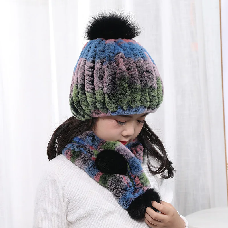 

Rex Rabbit Fur Hat Rabbit Scarf Winter Warm Korean Knitted Woolen Hat Children's Set Bib
