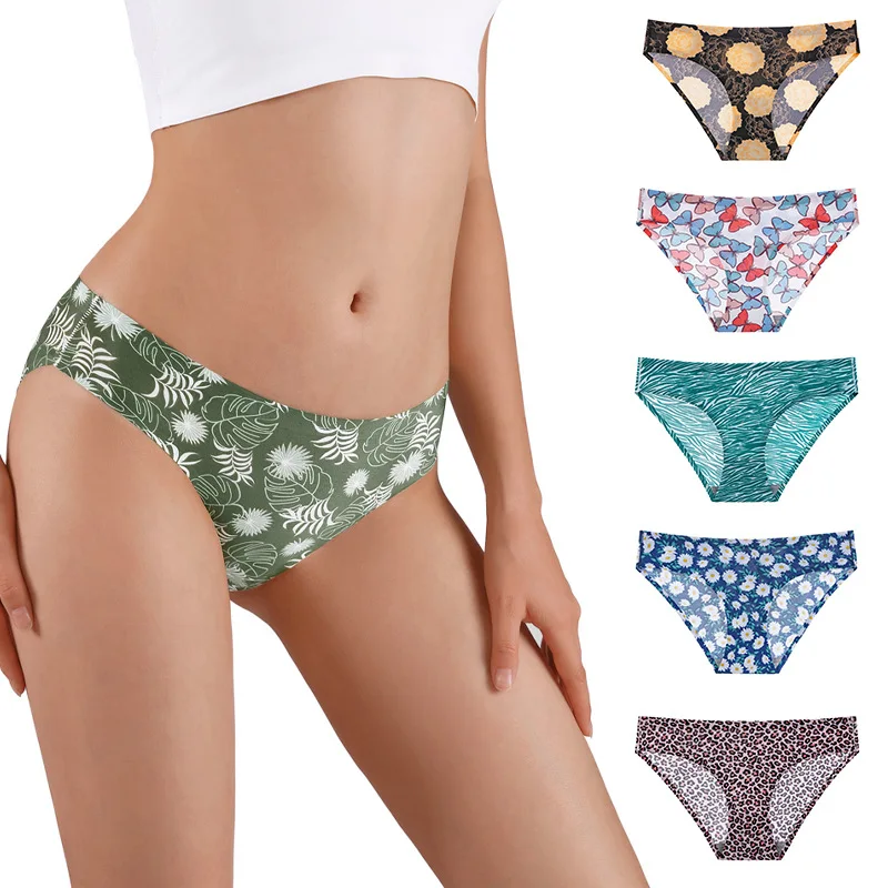 New Leopard Pattern Seamless Ice Silk Low Waist Large Size Quick-drying Seamless Triangle Women\'s Panties Tiger Pattern Leaves