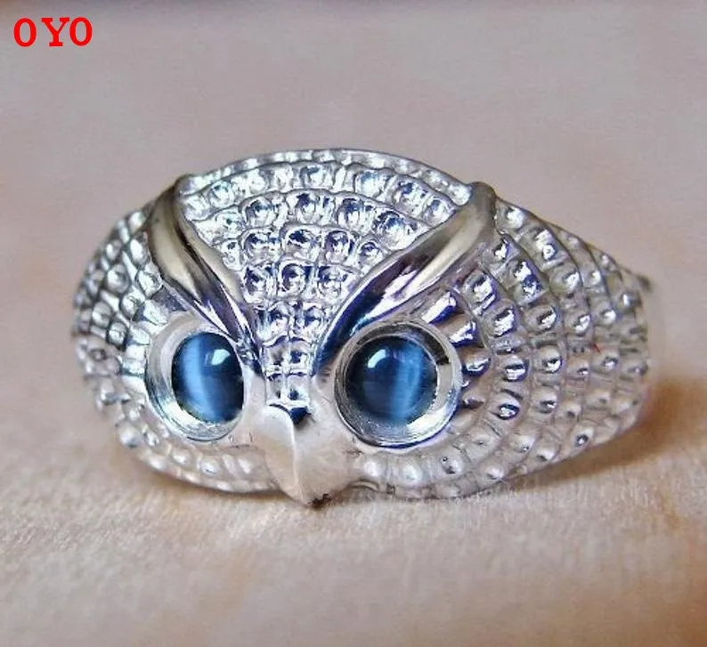 

925silver cute blue opal moonstone personality owl head ring