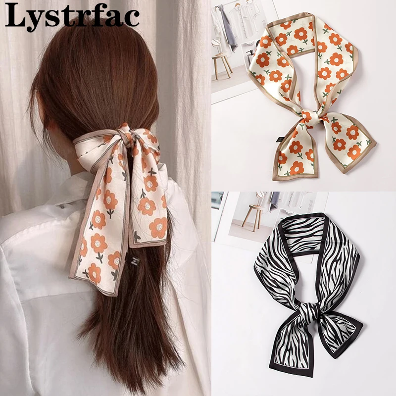 Lystrfac Print Silk Long Hair Scarf Women Girls Headband Hair Ribbon Streamer Headwear Bow Headpiece Hair Accessories