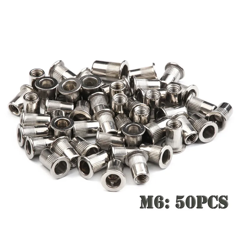 50 PCS Stainless Steel Flat Head Rivet Nuts Set M3 M4 M5 M6 Insert Reveting Multi Size Stainless Steel Rivet Nut Set