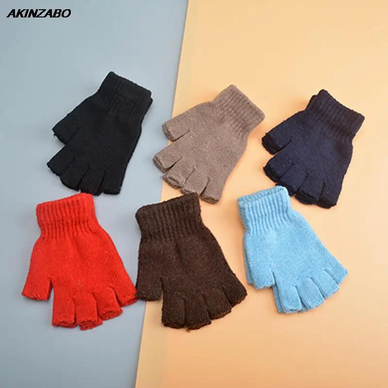 Writing Work Half Finger Thermal Gloves Knitted Solid Color Mittens Warmth Winter Gloves For Men Women Kniting Fingerless Gloves