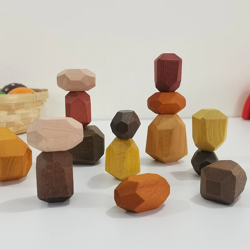 Rompecabezas de bloques de colores retro de madera para niños, juego educativo de apilamiento de estilo nórdico creativo para la primera infancia, regalo para niños