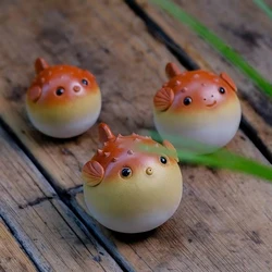 Yixing Purple Clay Tea Pet Handmade Pufferfish Statue Ornaments Animal Tea Figurine Sculpture Crafts Chinese Tea Set Decors Art