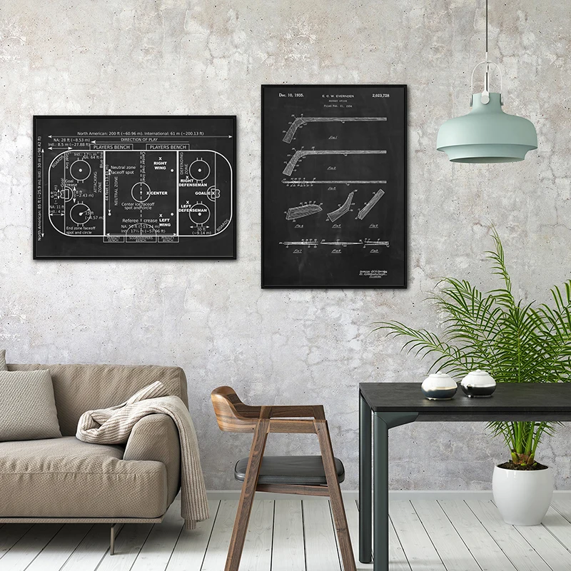 Hockey Stick Patent Poster Roller Skates Blueprint Vintage Black White Picture Wall Art Canvas Painting Print Ice Rink Decor