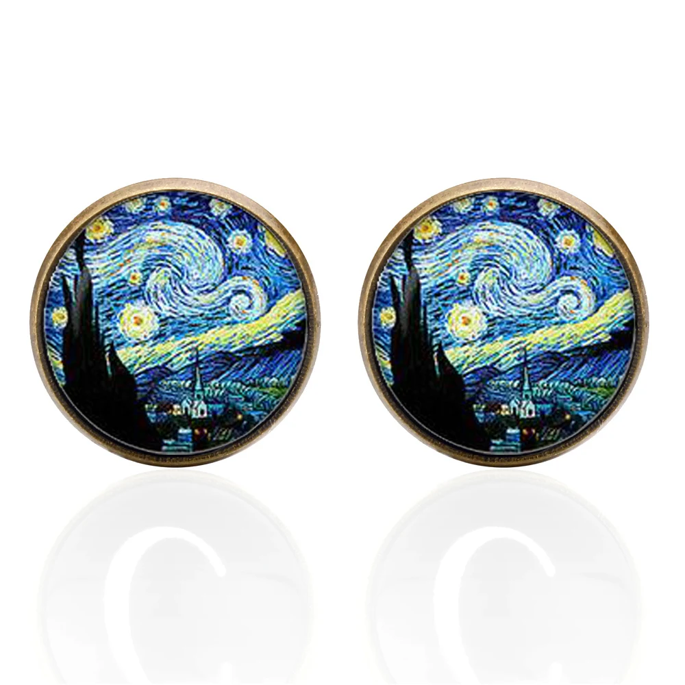 Classic Van Gogh Art Painting Sky Cufflinks For Men Glass Gem Bronze Plated Mens Cuff Buttons Wholesale Jewelry