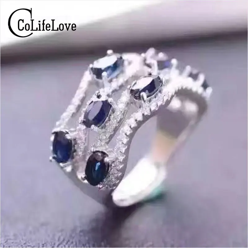 

Fashion Genuine Sapphire Ring for Woman 8pcs 3*5mm Natural Sapphire Stylish Design Pure 925 Sterling Silver Sapphire Ring