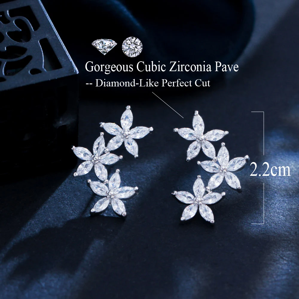CWWZircons Trendy White Cubic Zirconia Silver Color Cluster Flower Leaf Stud Earrings for Women Chic Korean Style Jewelry CZ933