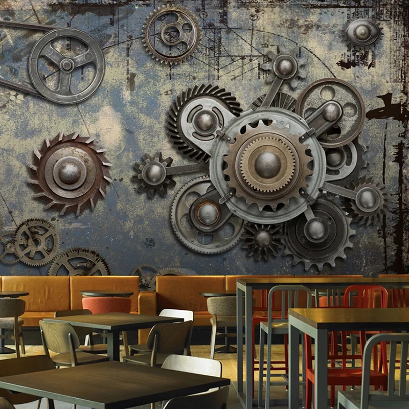 Custom Photo Mural 3D Stereoscopic Retro Nostalgic Creative Mechanical Gear KTV Bar Cafe Restaurant Background Art Wall Painting