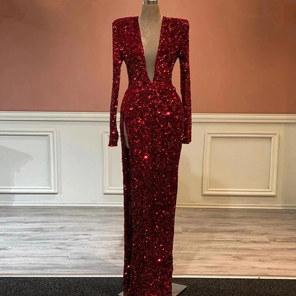 

Luxury V-Neck Prom Dresses 2022 Gorgeous Long Sleeve Women Formal Evening Gowns Slit Sparkly Burgundy Sequin Robes De Soirée