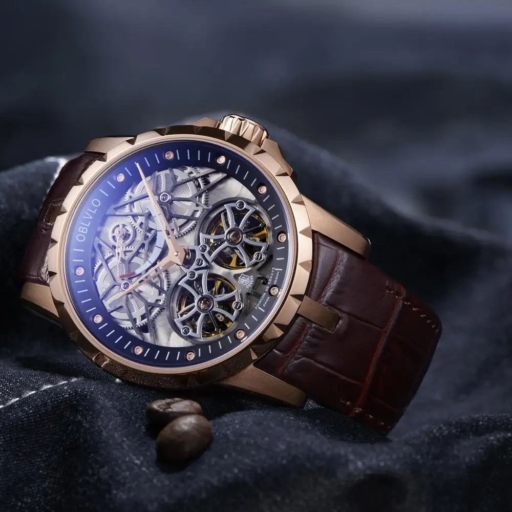 luxury brand watch for men,mens automatic watches OBLVLO man self wind mechanical wristwatch waterproof big dial leather strap