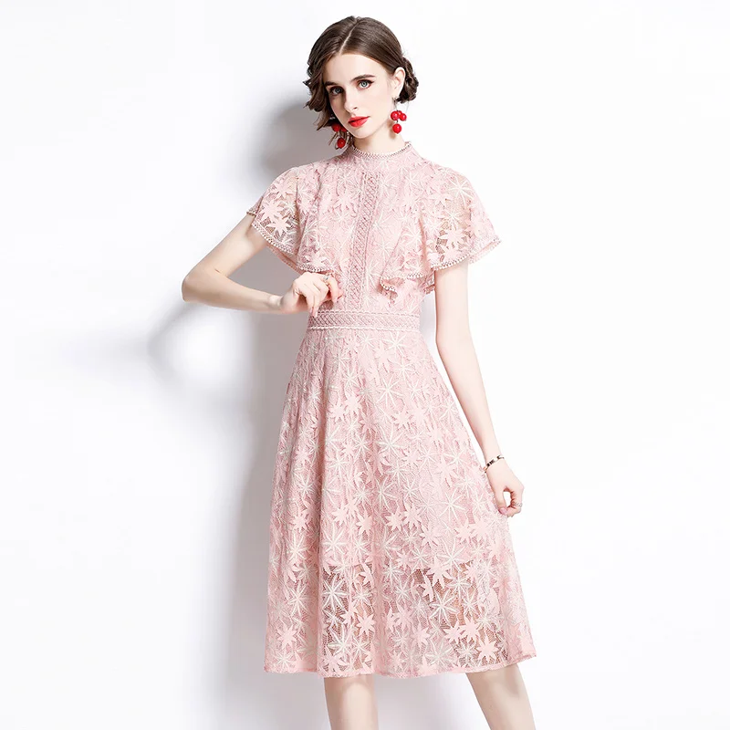 ZUOMAN verano de las mujeres de encaje elegante vestido de fiesta de alta calidad Rosa largo traje para fiesta de boda mujer pista de diseñador de Vestidos