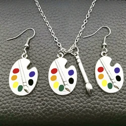Stylish and Elegant, 1 Set of Palette  Necklace Earrings Silver Plated  Artist Brush Wonderful Bright Artist Pendant Necklace