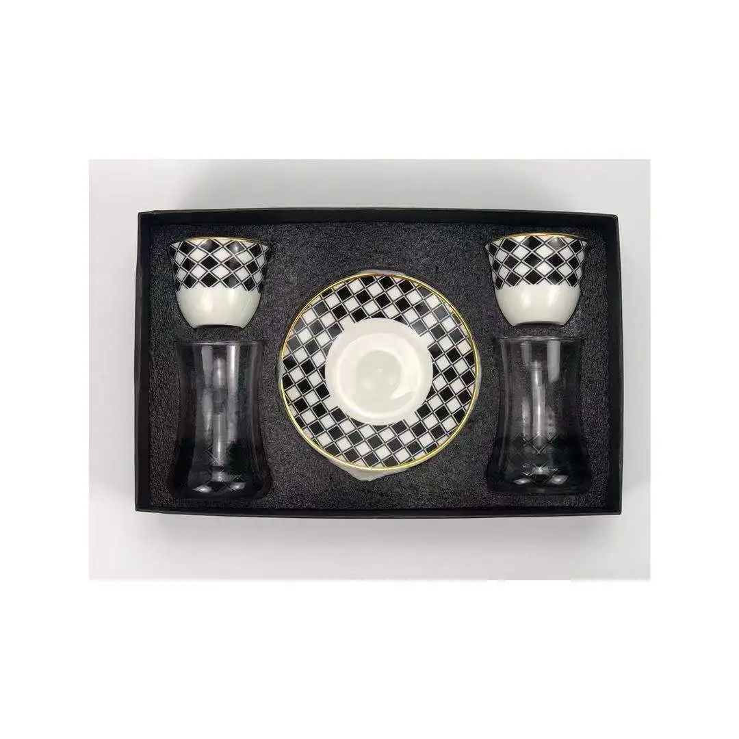 Turkish Tea Glasses Cups Set of 6 Saucers with Vintage Gold Moroccan Crystal Cut Decors for Serving and Drinking Housewarmin