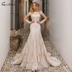 Romantic Boat Neck Long Sleeve Lace Mermaid Wedding Dresses 2024 Elegant Appliques Detachable Train Button Trumpet Bride Gown