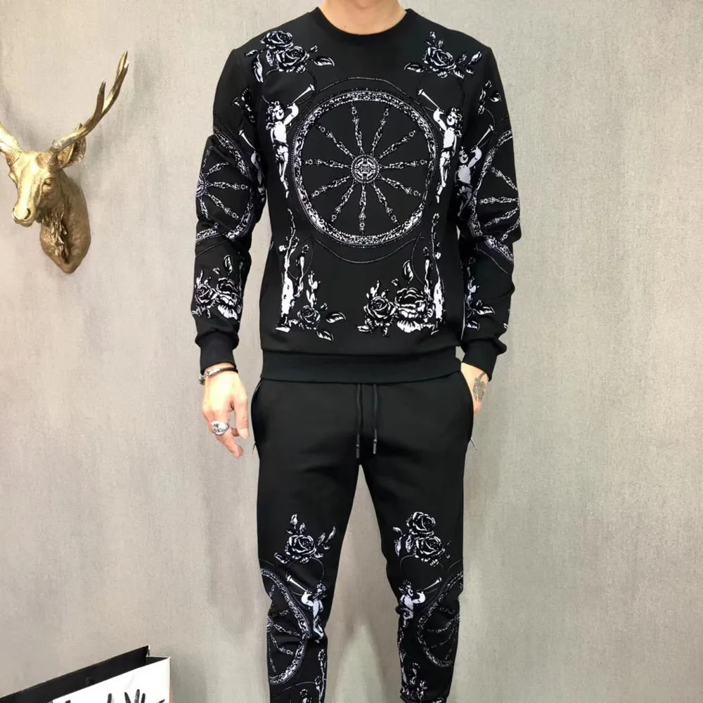 

2 Mens Tracksuit Piece Set Sweatshirt And Pants Suits Sets 2020 Black Men's Set Casual Personality Printed Trainingspak Mannen