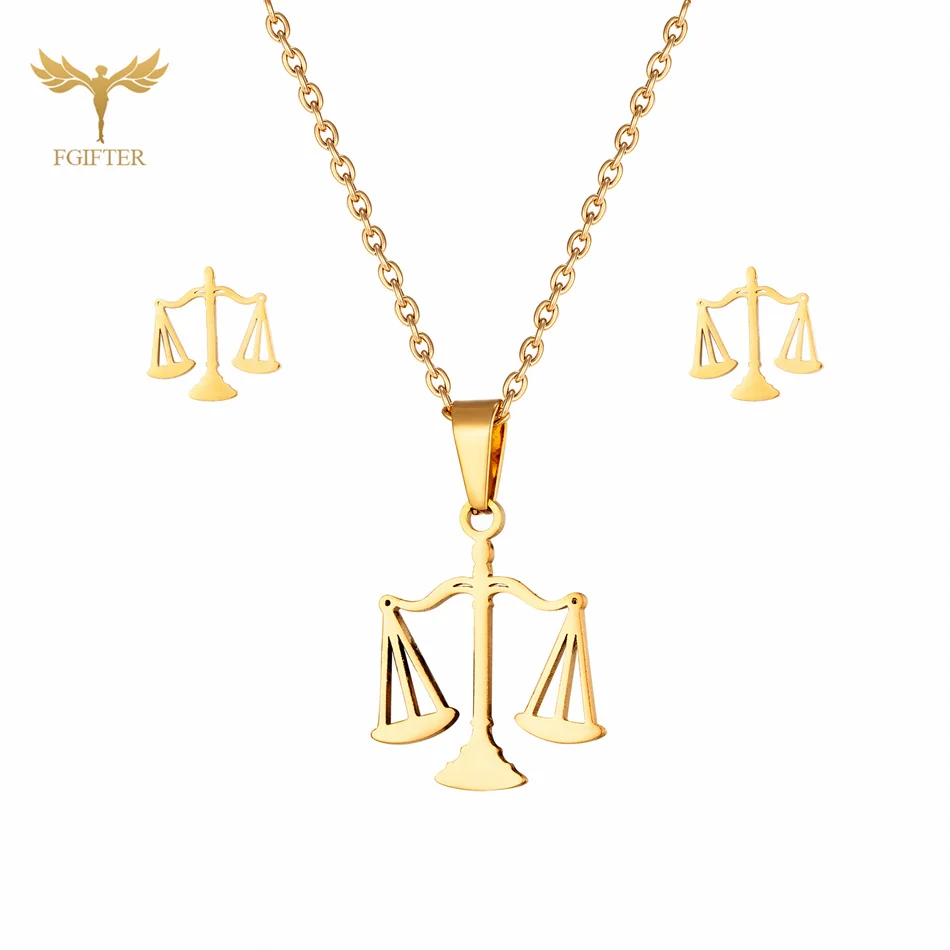 Beautiful Scale Pendant Necklace Stud Earring Set Stainless Steel Accessories Goddess of Justice Fairness Balance Women Jewelry