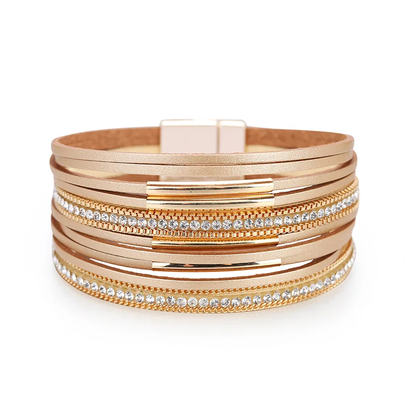 Amorcome Multilayer Leather Wrap Bracelet Handmade Braided Chain Metal Bar Cuff Bangle Magnet Buckle Bracelets for Women Girls