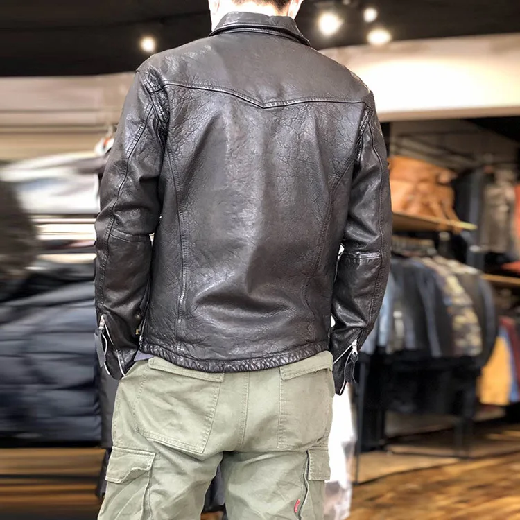 Japanese Retro Lapel Casual Genuine Leather Jacket Men Heavy Wash Black Sheep Leather Coats