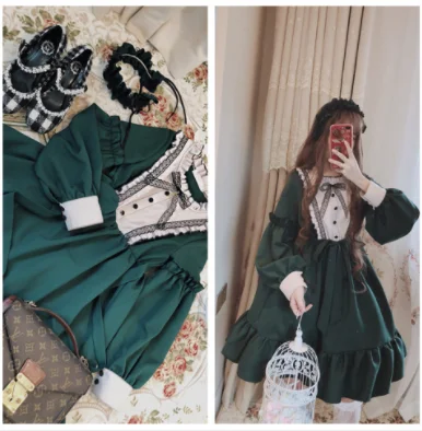 Robe gothique lolita op loli cosplay pour filles, kawaii, douce, vintage, en dentelle, nœud papillon, col rond, robe victorienne