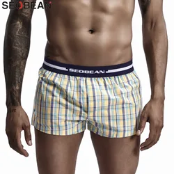 Seobean Underwear Men's Boxers Shorts 100% Cotton Plaid Panties Men Boxer Home Shorts Loose Lounge Sleep Shorts Man Underpants