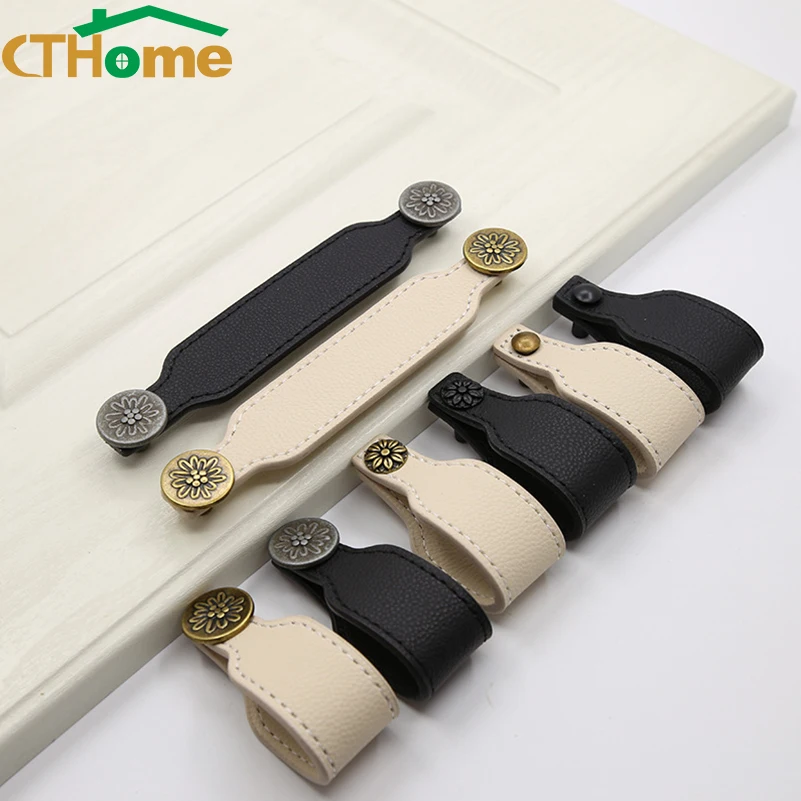 128mm Leather Kitchen Handles Nordic Drawer Cabinet Knobs and Wardrobe Handles Furniture Door Pulls Hardware