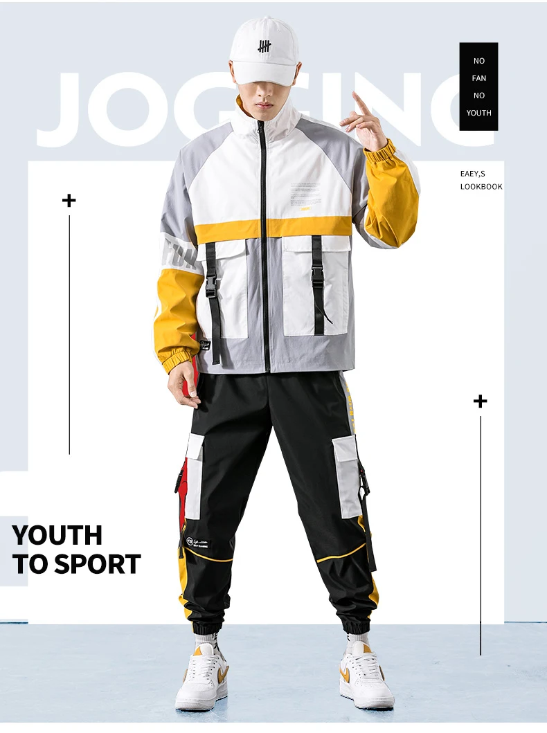 Two-Piece Men Jacket Tooling Jacket + Casual Loose Sports Trousers Suit Spring And Autumn Fashion Handsome Youth Hip-Hop Suit